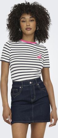 Only Kurzarmshirt ONLY ONLHEART LIFE S/S TEE JRS NOOS, Damen, Gr. XL, cloud dancer stripes:night sky, flamingo, Jersey, Obermaterial: 95% Viskose, 5% Elast