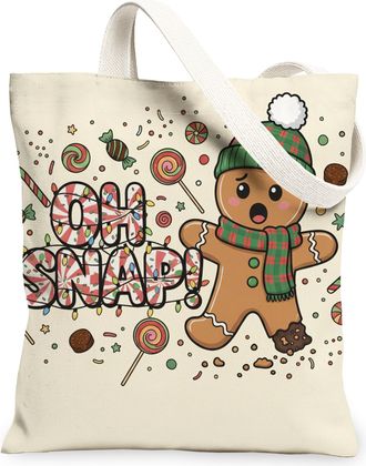 Generic Christmas Gingerbread Canvas Tote Bags, Cute Holiday Pattern Reusable Bags, Winter Lightweight Washable Shoulder Strap Canv, Cream, 13x15 Inch