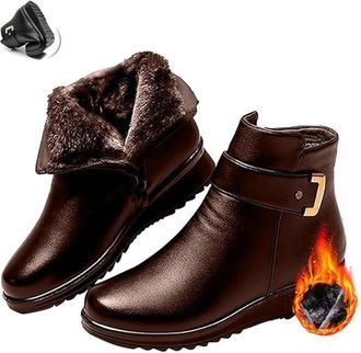Generic Womens Metal Buckle Genuine Leather Wool Orthopedic Boots, Winter Warm Non-Slip Artificial Fur Lined Waterproof Ankle Boot with Zipper (Brown,38)