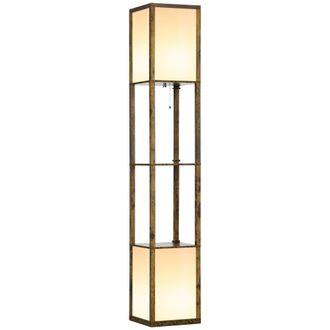 HOMCOM Shelf Floor Lamp with Dual Light - for Living Room - Bedroom - Brown | TJ Hughes