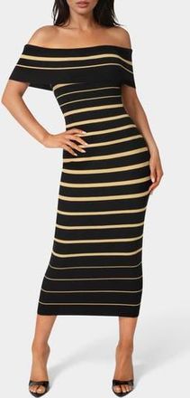 Bebe Stripe Off the Shoulder Ribbed Body-Con Dress in Black at Nordstrom Rack, Size X-Large