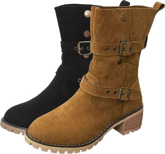 Generic Ladies Mid Calf Riding Boots Fashion Suede Buckle Ankle Boots Elegant Comfortable Ladies Casual Booties(Black, 3.5)