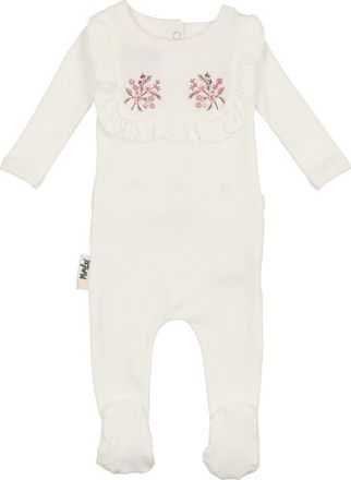 Maniere Floral Embroidered Cotton Knit Footie in White at Nordstrom, Size 12M