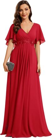 Ever-pretty Womens Chiffon V Neck Short Sleeves Appliques Formal Evening Dresses Bridesmaid Red 16