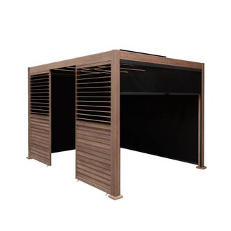 MonsterShop Wood Effect Aluminium Pergola With Blinds, 2 x Side Panels & LED in Brown