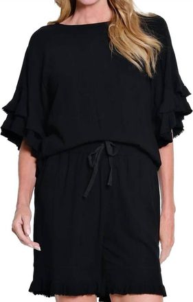Multiples Double Flounce Raglan Sleeve Fringe Hem Top In Black