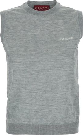 Gucci Grey Sleeveless Sweater With Logo On The Front In Cashmere Woman