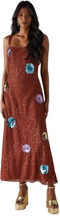Warehouse Hand Embellished Flower Burst Midi Dress in Rust at Nordstrom, Size 10