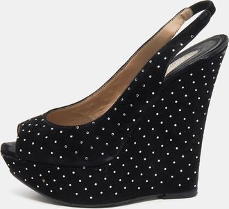 Le Silla Black Suede Crystal Embellished Wedge Platform Slingback Sandals