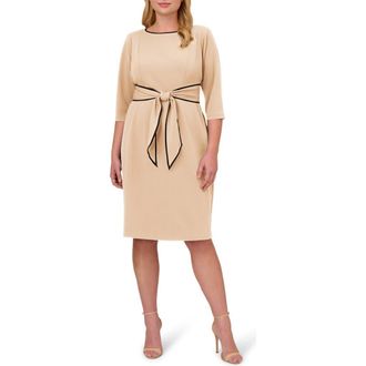 Adrianna Papell Tipped Tie Waist Crepe Dress in Alabaster/Black at Nordstrom, Size 14W