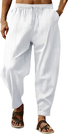 Generic FGUUTYM Tracksuit Bottoms Tight Mens Cotton Linen Harem Pants Casual Drawstring Elastic Waist Beach Pants Loose Yoga Pants Clothing Mens Pants, Z2-whi