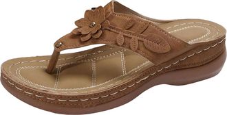 Generic Women Comfy Sandals Vegan Leather Beach Flip Flops for Women Flower Decoration Slippers With Arch Support Soft Breathable Insole Wedge Sandal (Brown, 