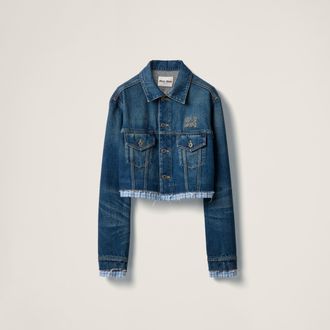 Miu Miu Washed Denim Blouson Jacket, Woman, Navy, Size 36