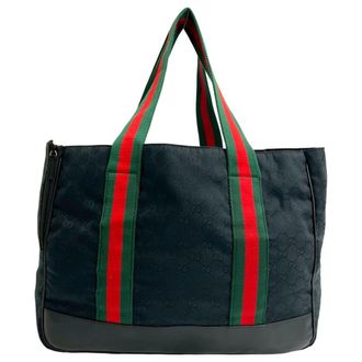 Gucci Black Green Red Color Canvas Leather Handbag Tote Bag (Pre-Owned)