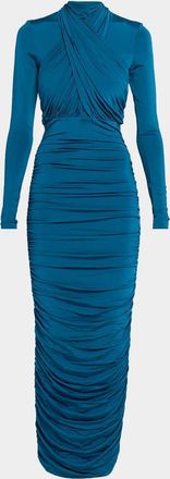 Balmain Crisscross Draped Long-Sleeve Jersey Ankle Dress