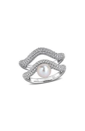 Delmar Set of 2 Sterling Silver Pav&eacute; White Topaz & Cultured Pearl Wavy Band Rings at Nordstrom Rack
