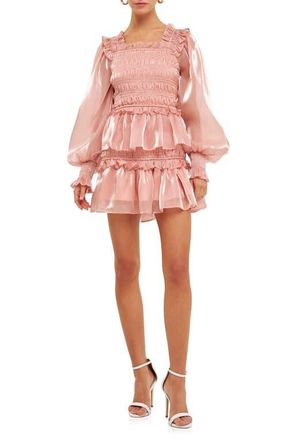 endless rose Metallic Sheen Long Sleeve Ruffle Minidress at Nordstrom, Size X-Small