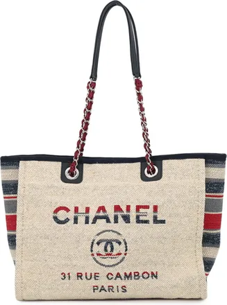 Chanel Beige Multi-Color Canvas Shopping Bag Tote Bag (Pre-Owned)