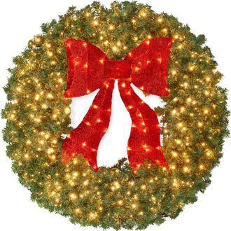 Best Choice Products Artificial Pre-Lit Fir Christmas Wreath D&eacute;cor w/ Red Bow, LED Lights, Tips, Plug-In
