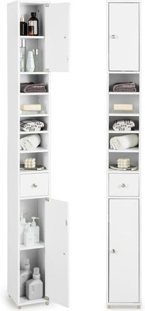 Costway Costway - Armario Alto De Ba&ntilde;o, Armario Delgado De Ba&ntilde;o Alto Con 2 Puertas, 1 Caj&oacute;n Y 5 Estantes Ajustables, Mueble Columna De Ba&ntilde;o, Armario Para Ba&ntilde;o