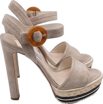 Prada Buckled Ankle Strap Platform Sandals in Beige Suede
