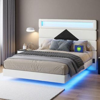 OEM Cama 140x190 Cm, Con Led, Contempor&aacute;nea, Cama Doble, Marco De Cama 140x190 Cm, 250 Kg, Tela De Terciopelo, Beige