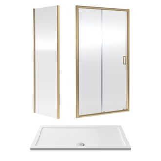 Balterley Ruwa Sliding Shower Suite: 6mm Glass Tray Door Panel 1400x760mm Brass in Bronze