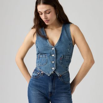 Levi's Tailored Lightweight Denim Vest - Womens - XS - Medium Wash / Lets Party Vest