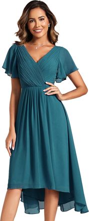 Ever-pretty Cocktail Dress Prom V-Neck A-Line Dress Ruffles Sleeve Knee Length for Prom Homecoming Teal 28UK