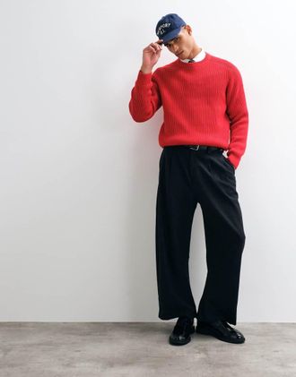 Asos pantaloni tailored a gamba bombata con lana a spina di pesce neri-Nero