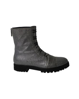 Jimmy Choo London Glitter Combat Boots in Silver Polyester