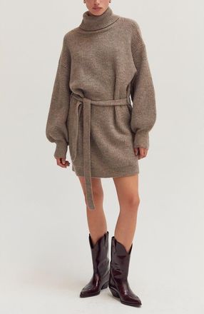 Crescent Turtleneck Belted Mini Sweater Dress in Taupe at Nordstrom, Size X-Small
