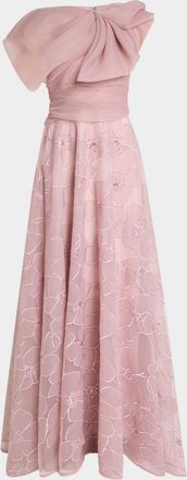 Talbot Runhof Bloom Embroidered Organza Bow A-Line Gown