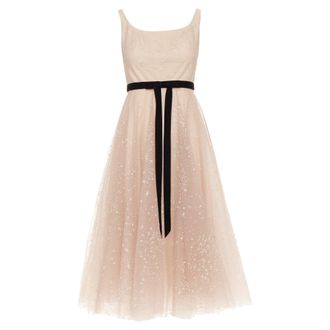 Marchesa NOTTE blush pink glitter tulle black velvet bow tea length gown US2 S