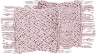 Beliani Conjunto De Cojines Decorativos De Algod&oacute;n Rosa Macram&eacute; 40 X 40 Cm Cuerda Boho Retro Yaniklar