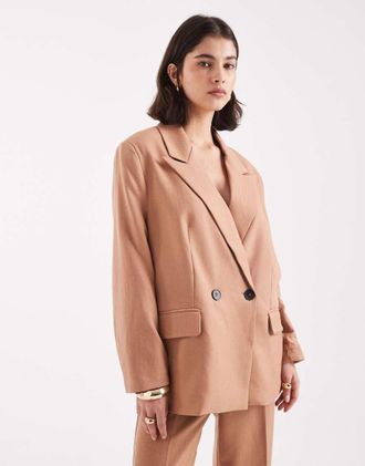 Vero Moda Blazer doppiopetto color moka con motivo a spina di pesce in coordinato-Marrone