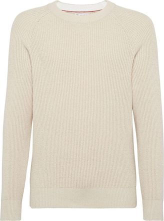 Brunello Cucinelli crew-neck ribbed-knit jumper - men - Cotton - 52 - Neutrals