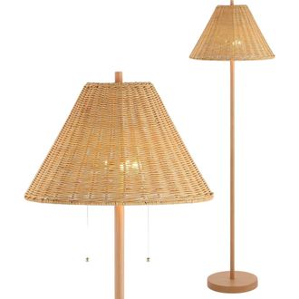 Jonathan Y Designs Nando 2-Light Iron/Rattan LED Floor Lamp with Pull-Chain in Brown Wood Finish at Nordstrom