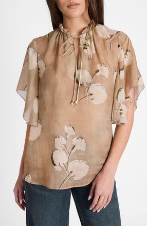 Santorelli Guita Flutter Sleeve Blouse in Floral Voile in Chai at Nordstrom, Size 12