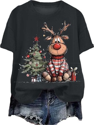 Generic Christmas T Shirt for Womens Funny Festive Printed Blouse Loose Fit Comfortable Xmas Pullover Ladies Short Sleeve Tshirts Christmas Crew Neck Casual S