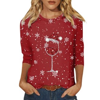 Generic Christmas Shirts for Women UK Ladies Fashion 3/4 Sleeve Tops Crew Neck Tunic Tops Funny Xmas Tree Red Wine Glass Cow Print Blouse Womens Fashion Comfy
