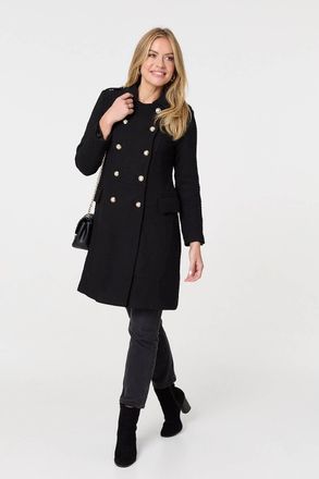 Izabel London Womens Black Textured Knit Button Front Trench Coat - Size 14 UK