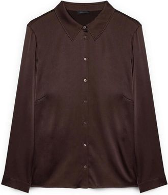 Fiorella Rubino Stretch Zijden Blouse met Klassieke Kraag - Dames - Overhemden - Bruin - 3XL - Overhemden
