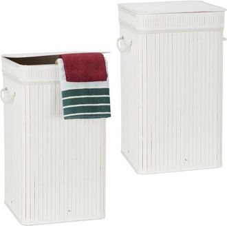 Relaxdays Relaxdays - 2x Bamboo Pop-Up Laundry Hamper, with Handles, Portable, 70L Load, Square Laundry Bag, HxØ: 63 x 36cm, White