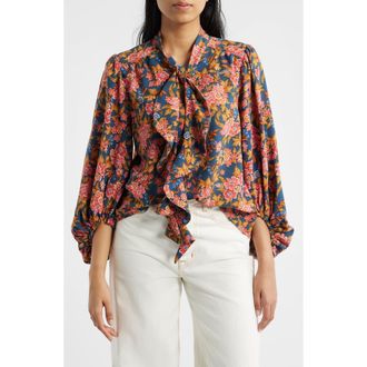 Wit & Wisdom Floral Split Neck Peasant Blouse in Navy/Vintage Lilac Multi at Nordstrom, Size X-Small