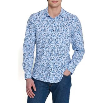 ConStruct Slim Fit Floral Cluster Performance Long Sleeve Shirt in White/blue at Nordstrom, Size Xx-Large