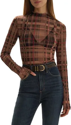 Favorite Daughter The Sheer Fantasy Mock Neck Top in Brown Plaid at Nordstrom, Size X-Small