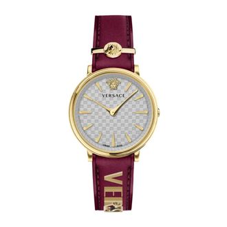 Versace V-Circle Rood Leren Dameshorloge - Dames - Horloges - Geel - ONE Size - Accessoires