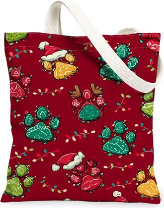 Generic Festive Paw Prints Canvas Tote Bags, Holiday Animal Pattern Reusable Grocery Bags, Lightweight Washable Shoulder Strap Canv, Red, 13x15 Inch