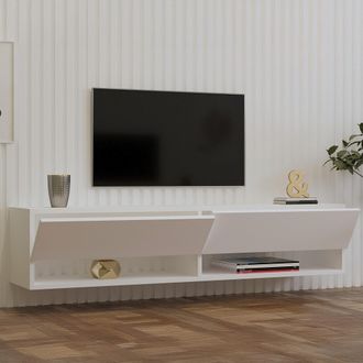 Dmora Mueble Para Tv Olmi, 2 Estantes, Apertura Abatible, 2 Puertas, 141x30x31h Cm Blanco